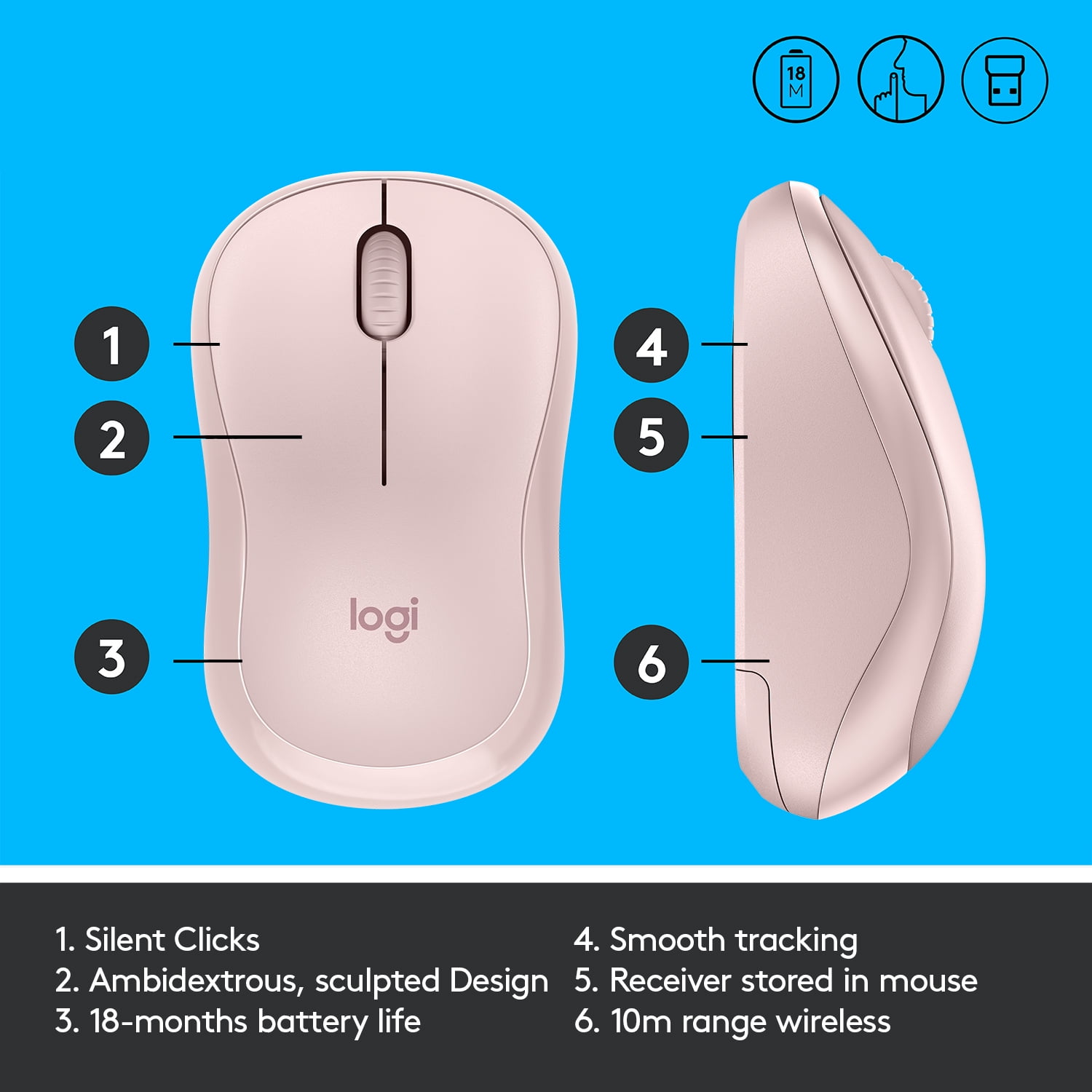 fond en kop tyve Logitech M220 Silent Wireless Mouse, 2.4 GHz with USB Receiver, 1000 DPI,  Ambidextrous, Rose - Walmart.com