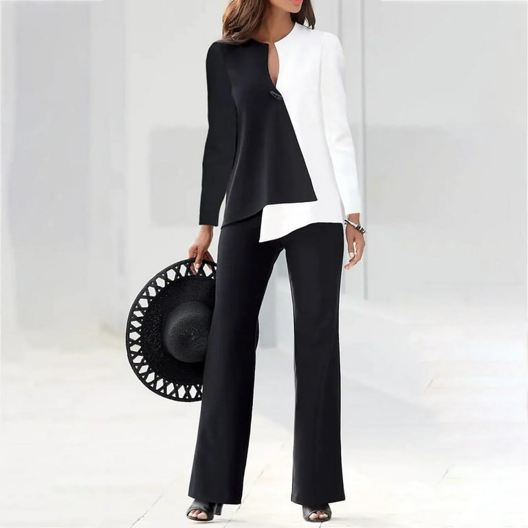 PMUYBHF Cute Birthday Outfits for Women Winter Women 2 Piece Outfits Casual  Long Sleeve Top Loose Wide Leg Pants Trousers Two Piece Set Suit Summer