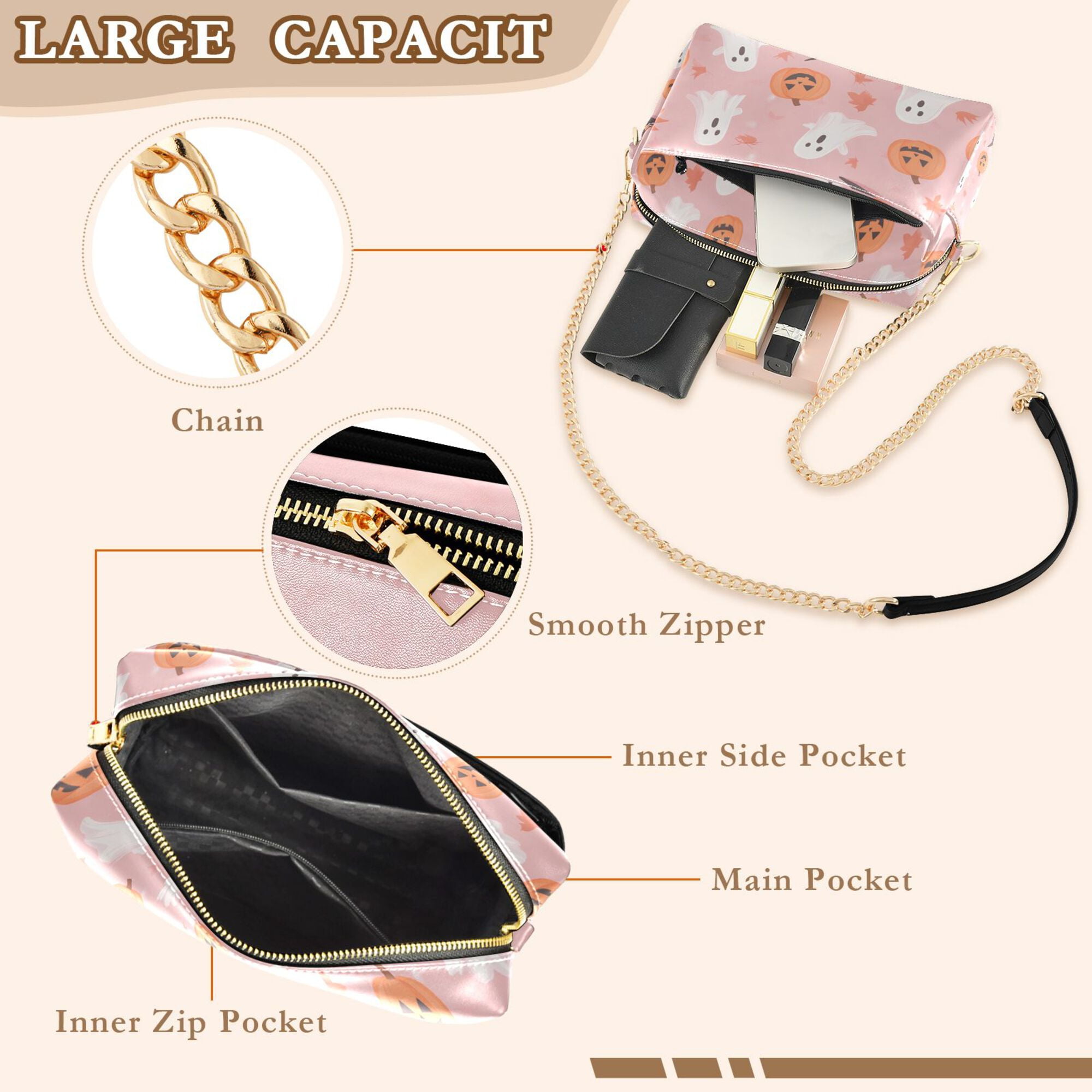 FORMRS Women Crossbody Purse with Chain Strap Vegan Leather Shoulder Handbag, Cute Pink Halloween