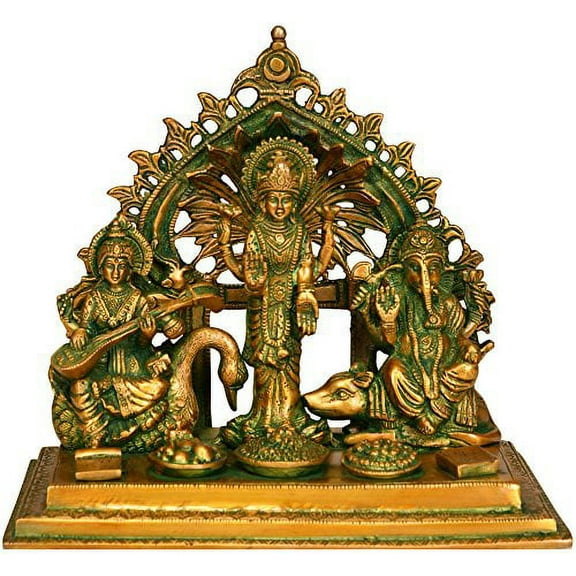 Exotic India ZCG86 Three Auspicious Deities-Saraswati Lakshmi & Ganesha Ganesha Brass Statue Multi Color