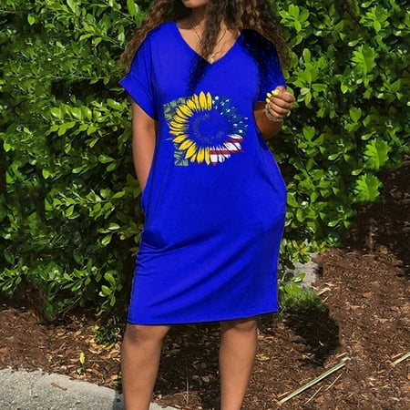 

Hvyesh Women s Independence Day Dresses Casual Summer Midi Dress Elegant Print V Neck Sundresses Vacation Short Sleeve Tunic Dresses 2023 Blue