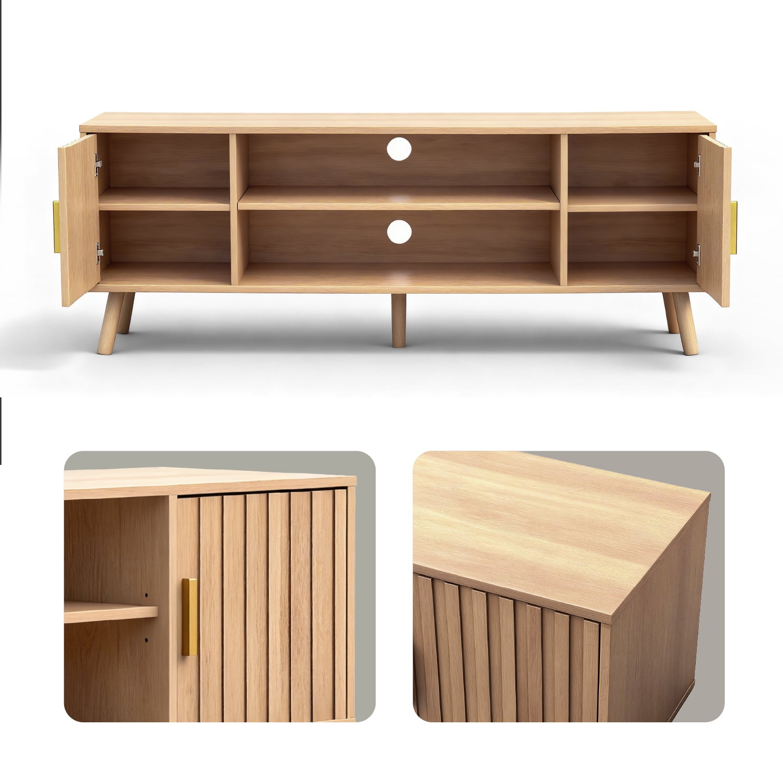 Zimtown Farmhouse TV Stand with 2 Fluted Doors, 58" Mid-Century Television Stand for 60inches TV, Light Oak Wood Television Stand with Storage
