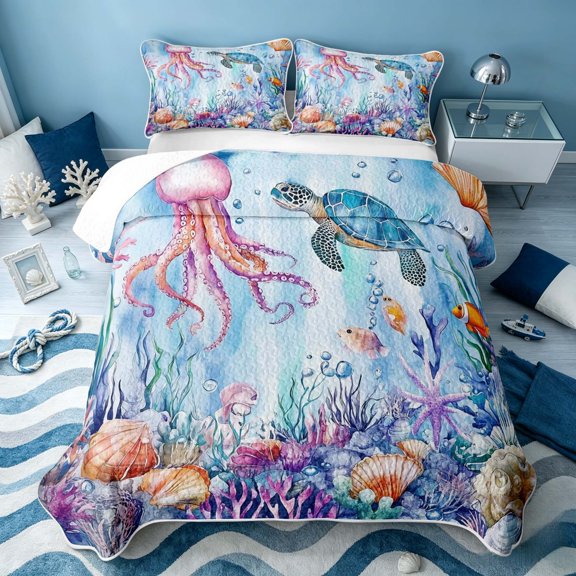 Erosebridal Coastal Turtle Twin Quilt Set, Ocean Octopus Twin Coverlet Set, Stars Reversible 2pcs, 1 Bedspread and 1 Pillowcase