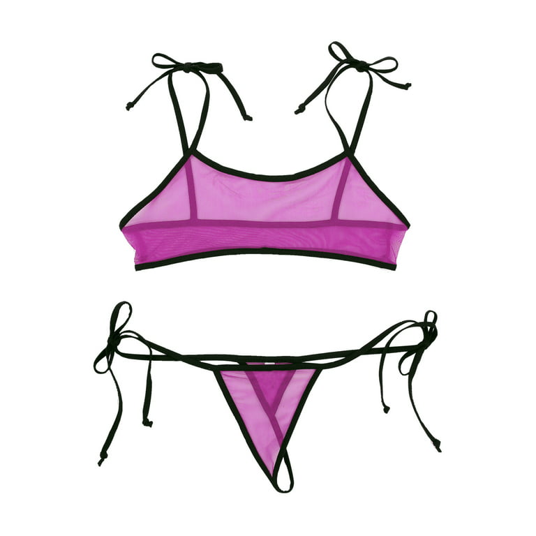 YEAHDOR Womens See Through Sheer Mini Bikini Set Micro Bathing Suit  Self-tie Bra Top with G String Swimsuit Rose&Black One Size 