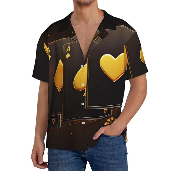 Vsdgher Casino Playing Cards Print Men's Cuban Shirt, Hawaiian Shirts, Business Casual Button Down Shirts, Short Sleeve Shirt-X-Large