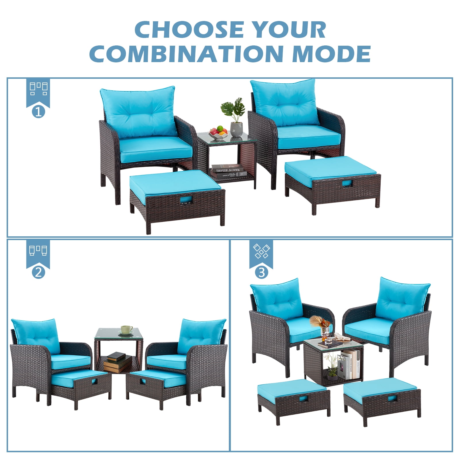 AVAWING 5 Pieces Patio Furniture Set, Outdoor Wicker Rattan Conversation Set with Ottoman & Table for Garden, Blue