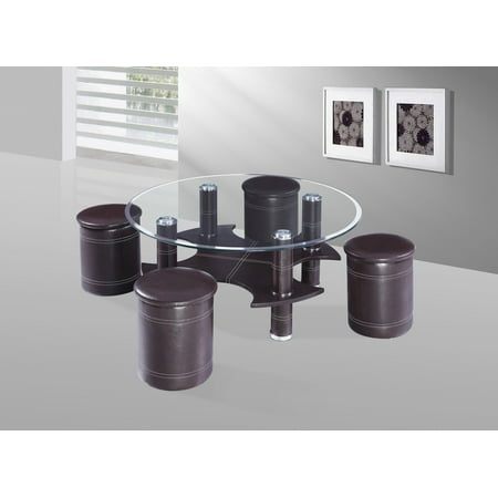 Best Quality Furniture Round Coffee Table w Clear Glass Top and Black Faux Leather includes 4 Stools