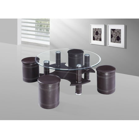 Coffee Table With Stools Best Quality Furniture Round Coffee Table w Clear Glass Top and Black Faux Leather includes 4 Stools CT340 ()