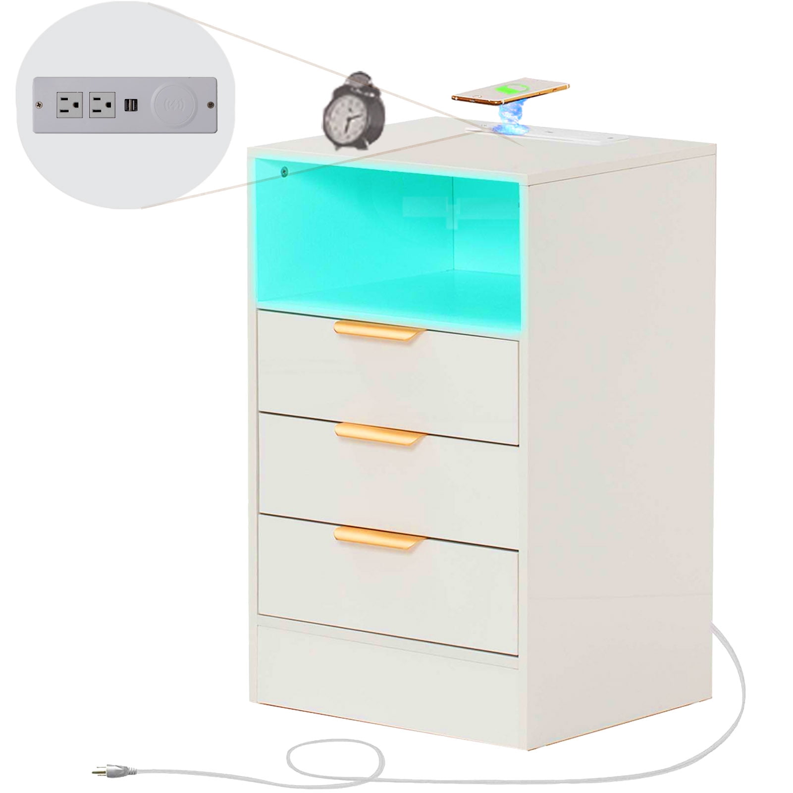 High Gloss LED Night Stand with 3 Drawers & Wireless / USB Charging