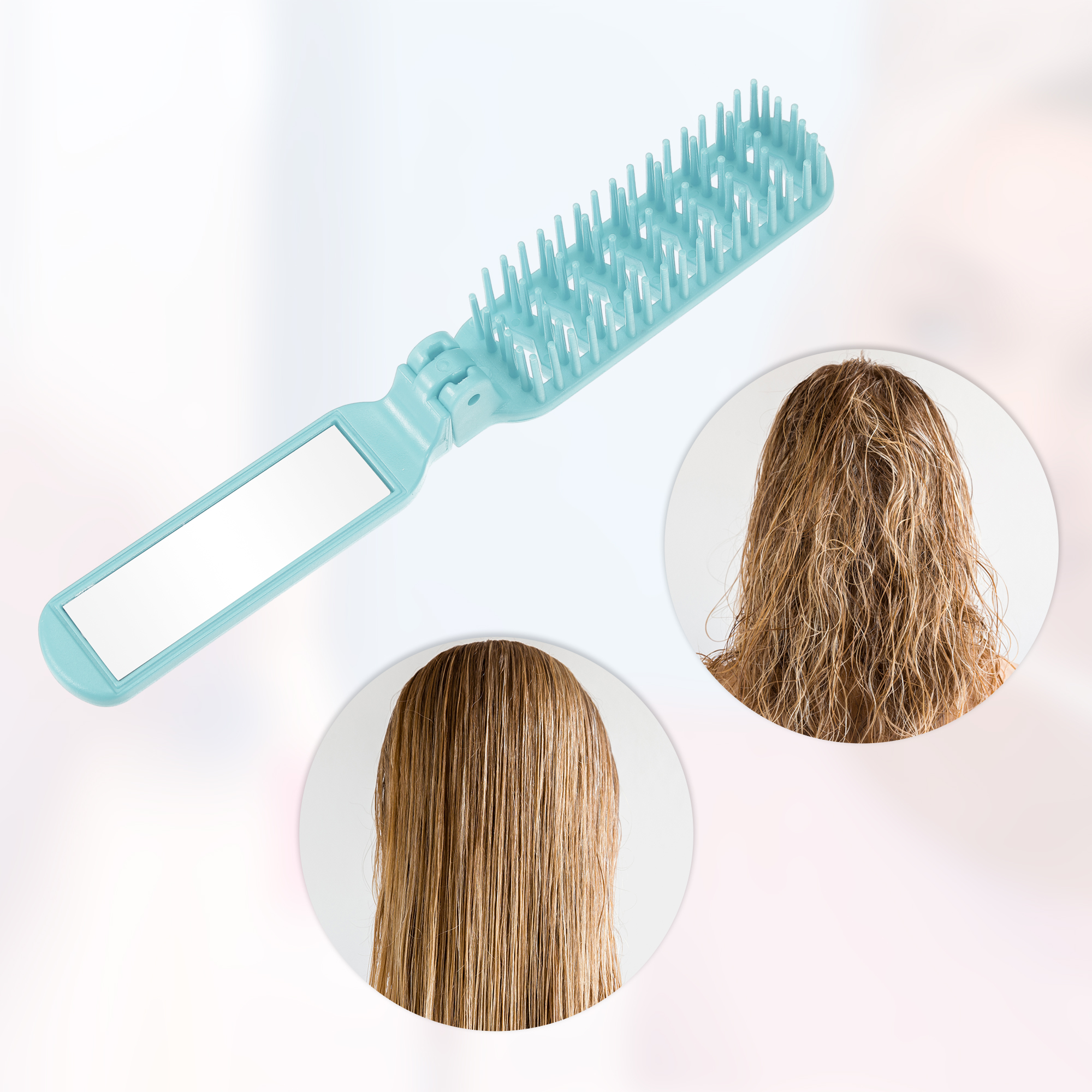 Unique Bargains 1Pc Hollow Foldable Mirror Comb for Curly Straight Thin Dry Wet Hair Blue