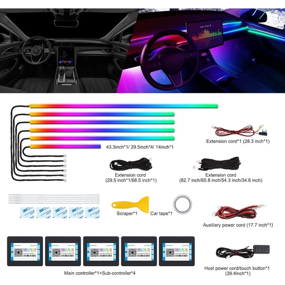 Dreamcolor Acrylic Interior Car LED Strip Light with Wireless APP, RGB 6 in 1 with 175 inches 600 LEDs Fiber Optic Car Ambient Lighting Kits, Sound Active Function LED Strip for Car Accessories
