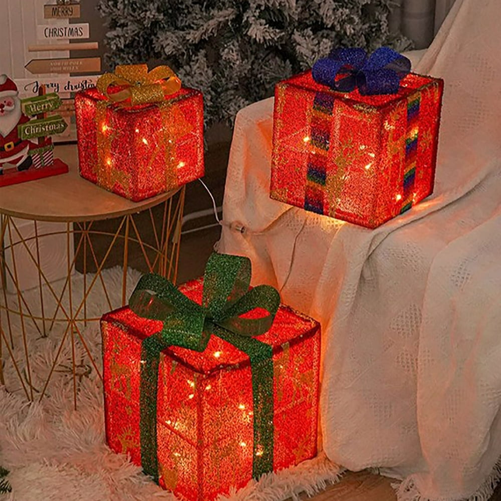 Lot De 3 Boîtes Cadeaux LED Noël - 18/15/12,5 Cm, 60 LEDs, Motifs Découpés - Décoration Intérieure Pour Sapin, Rebord Fenêtre, Fête