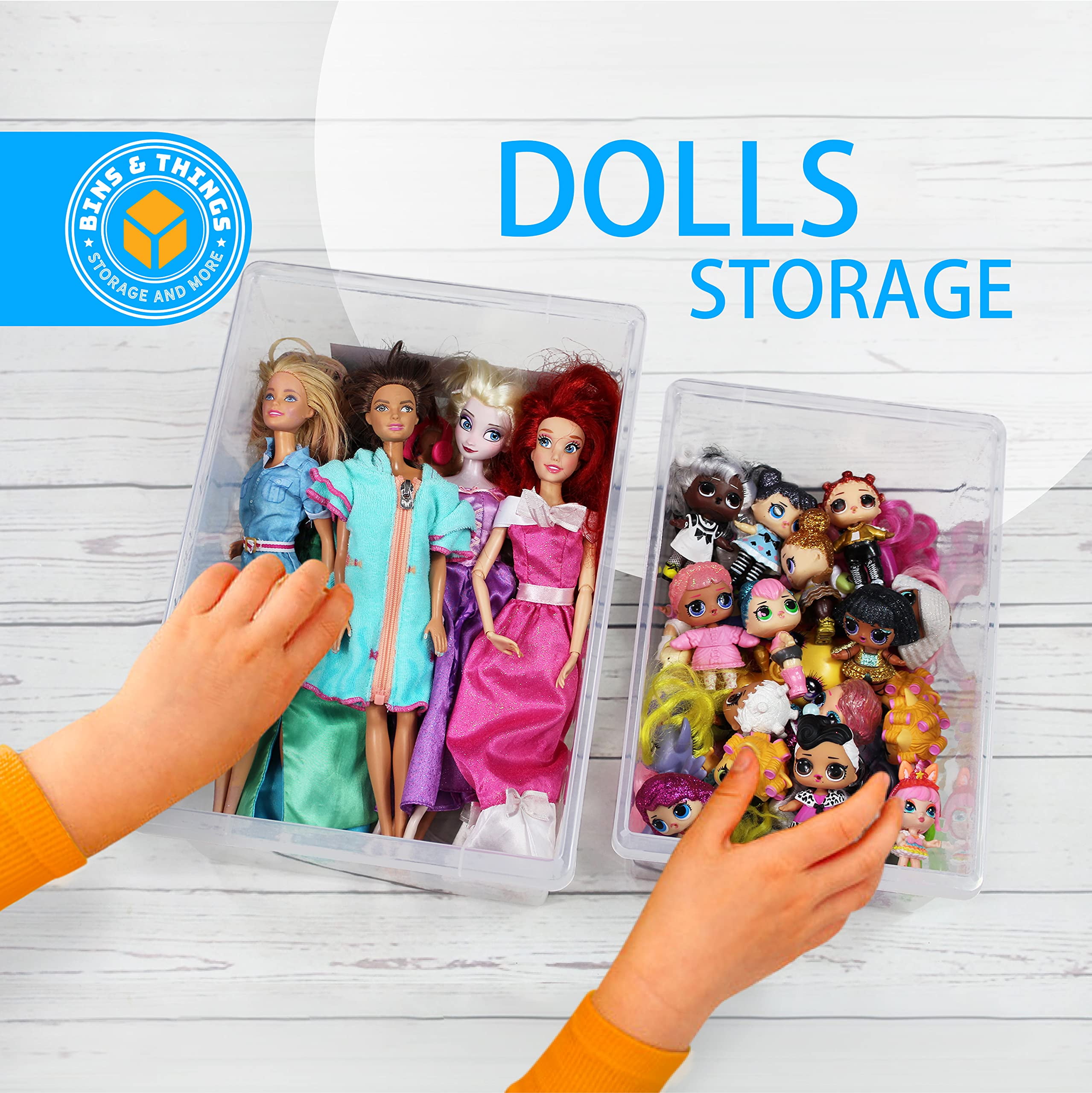 Bins & Things Toy Organizers and Storage Set of 2 large and small stackable storage bins - Clear toy storage bin- Lego organizers and storage for Barbie Dolls, Hot Wheel toy bins for kids organizer