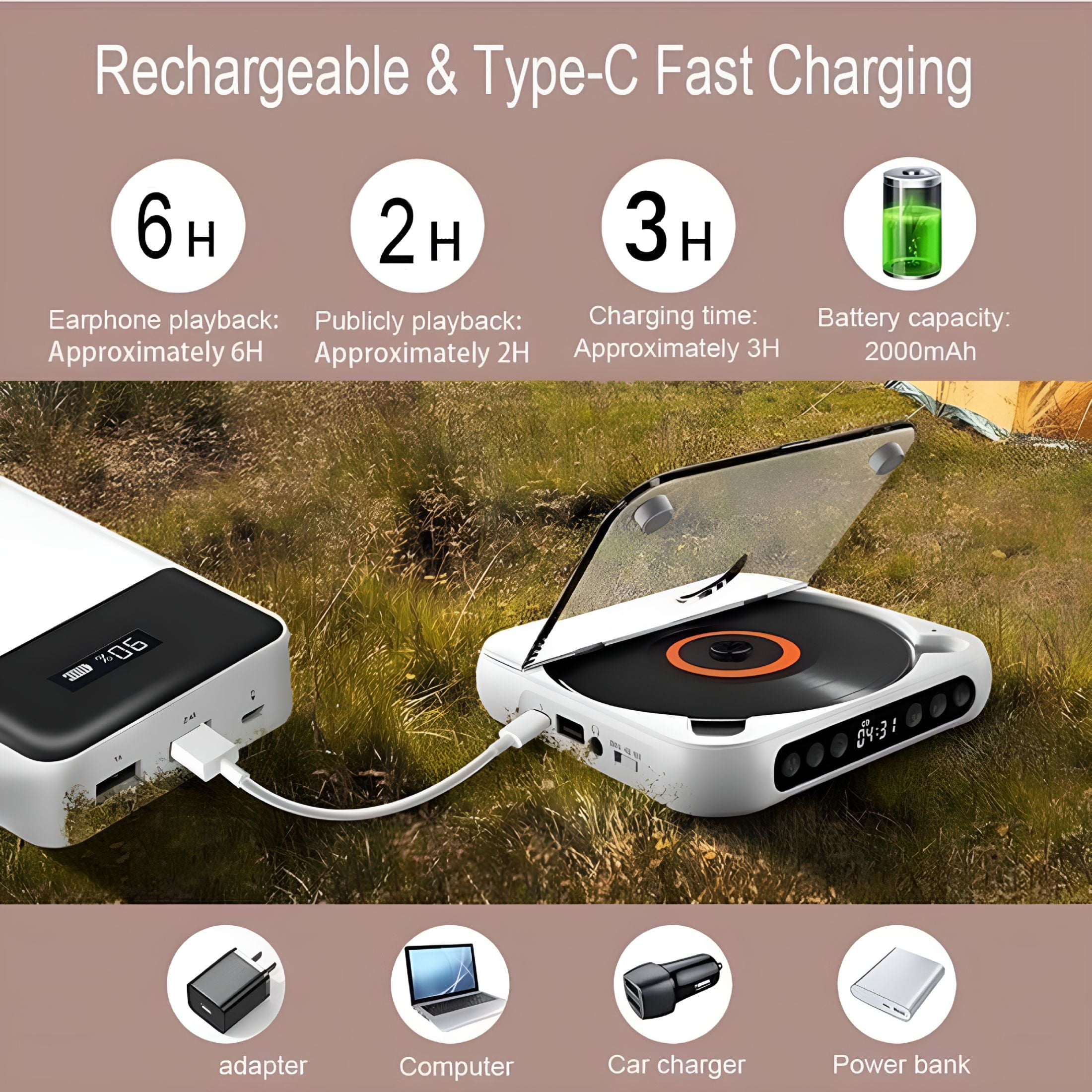 GASTROPOD CD Player with Bluetooth, Rechargeable Compact CD Player Built-in HiFi Speakers, Portable CD Player for Home/Car, Supports CD/AUX/USB and Repeat Modes, Headphones, LCD Screen