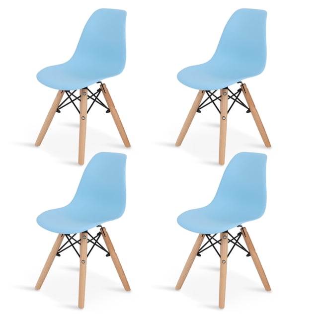 Sillas Infantiles para Niños con Asiento Ergonomico de Plastico y Estructura de Madera Diseño Tipo Eames - Sillas Preescolar Estilo Moderno con Soporte de Acero Set 4 Piezas
