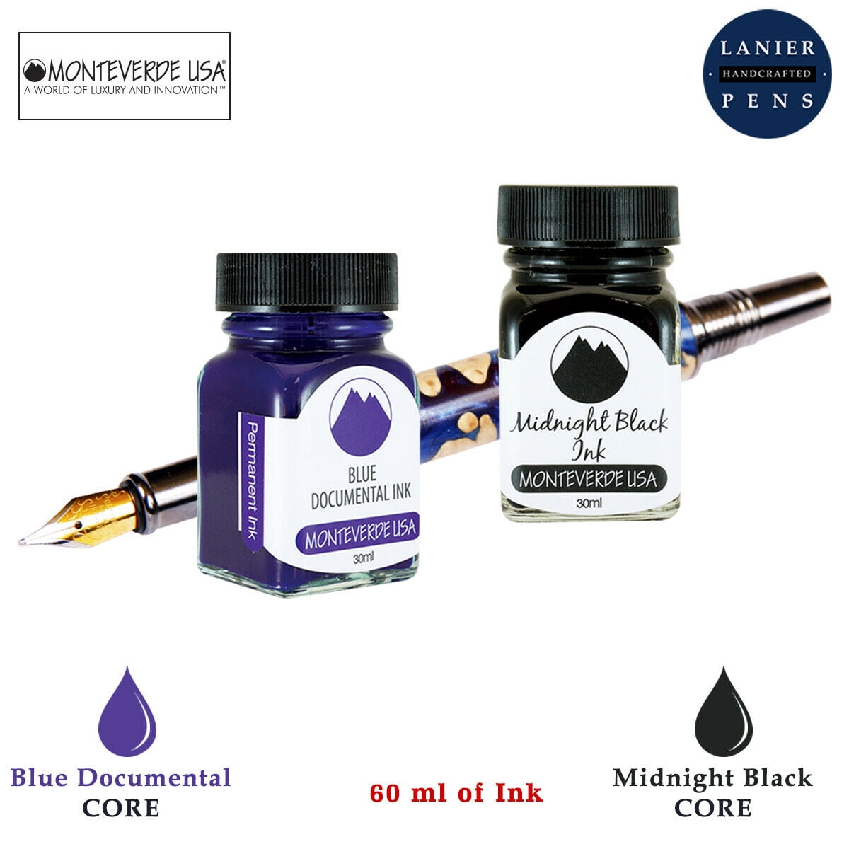 Monteverde 60ml Core Fountain Pen Ink Bottle (30ml Blue Documental Ink Bottle G309DU, 30ml Midnight Black Ink Bottle G309MB)
