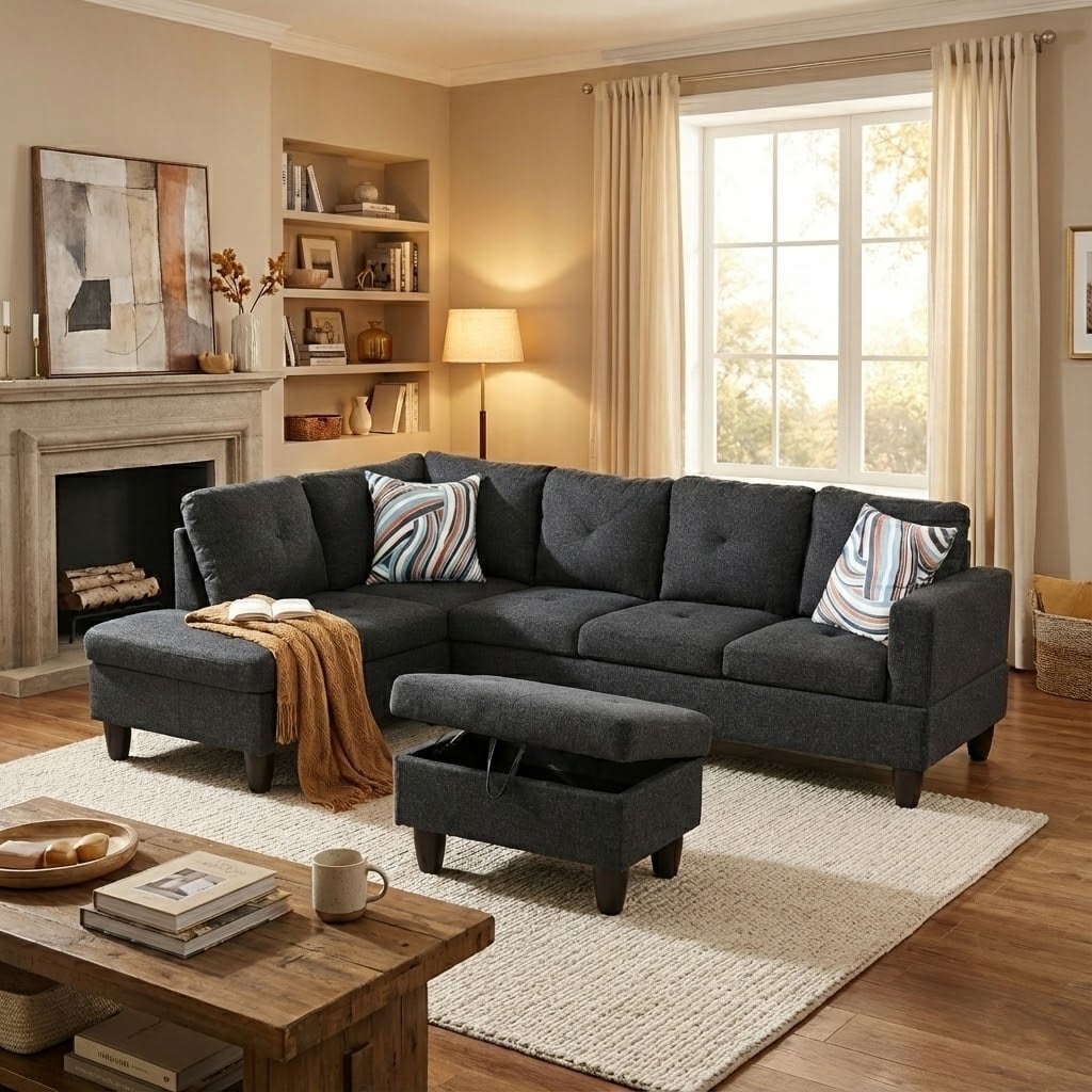 Prilinex L Shaped Couch Sectional Couches with Chaise and Storage Ottoman, 3 Pieces Modern Linen Sofa for Living Room Furniture Sets and Small Apartment ,Dark gray