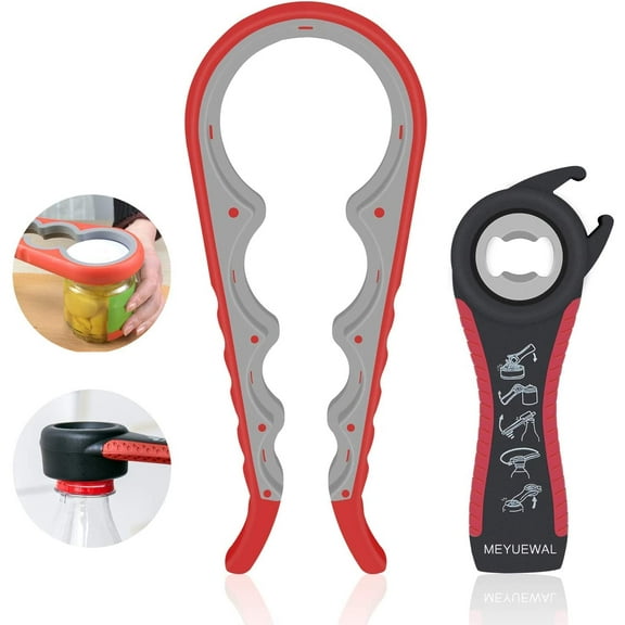 Jar Opener, 5 in 1 Multi Function Can Opener Bottle Opener Kit with Silicone Handle Easy to Use for Children, Elderly and Arthritis Sufferers (Apple Red）,