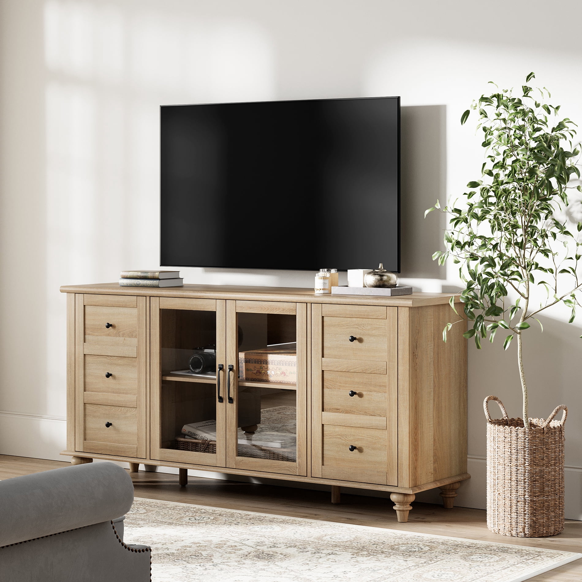 Oak Glass Door TV Stand for TVs up to 60", Farmhouse Television Stands for Living Room