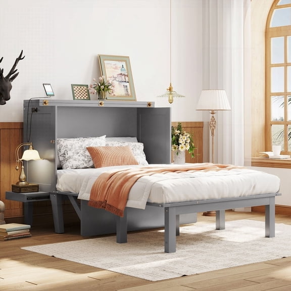 Murphy Bed - Full Size, Gray, USB Port & Removable Shelves on Sides