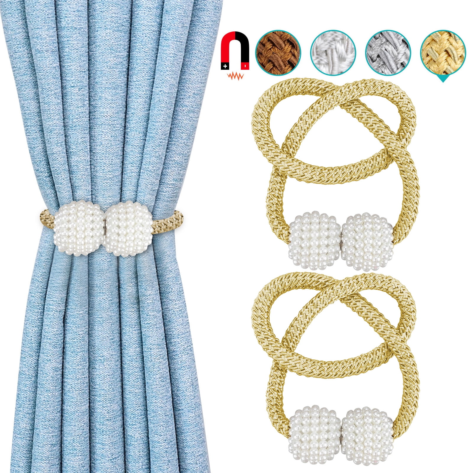 2PCS Magnetic Curtain Strap Buckle Holder Pearl Beads Tiebacks Tie Backs Clips 
