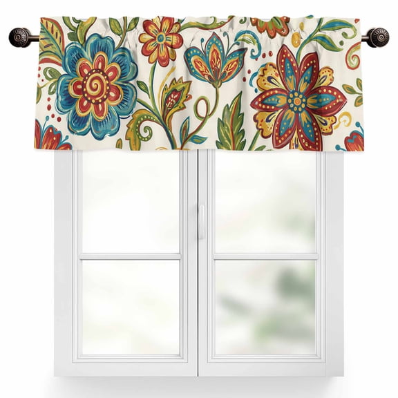 Bohemia Floral Valances for Windows Vintage Pesley Blue Flowers Leaf Plant Pattern Valance Curtains Rod Pocket Bathroom Small Window Treatments for Kitchen Living Room Bedroom, 42"x12"