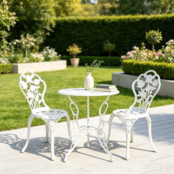 Outdoor Bistro Table and Chairs Set 2 Cast Aluminum Patio Bistro Set with Umbrella Hole,Bistro Table Set for Garden,Yard,White Bistro Set