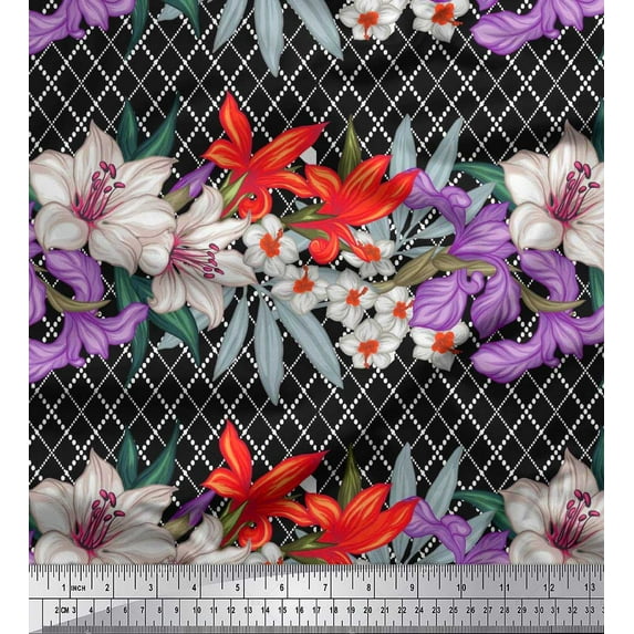 Soimoi Black Cotton Duck Fabric Geometric Check,Lily & Floral Print Fabric by the Yard 42 Inch Wide