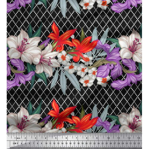 Soimoi Black Cotton Duck Fabric Geometric Check,Lily & Floral Print Fabric by the Yard 42 Inch Wide
