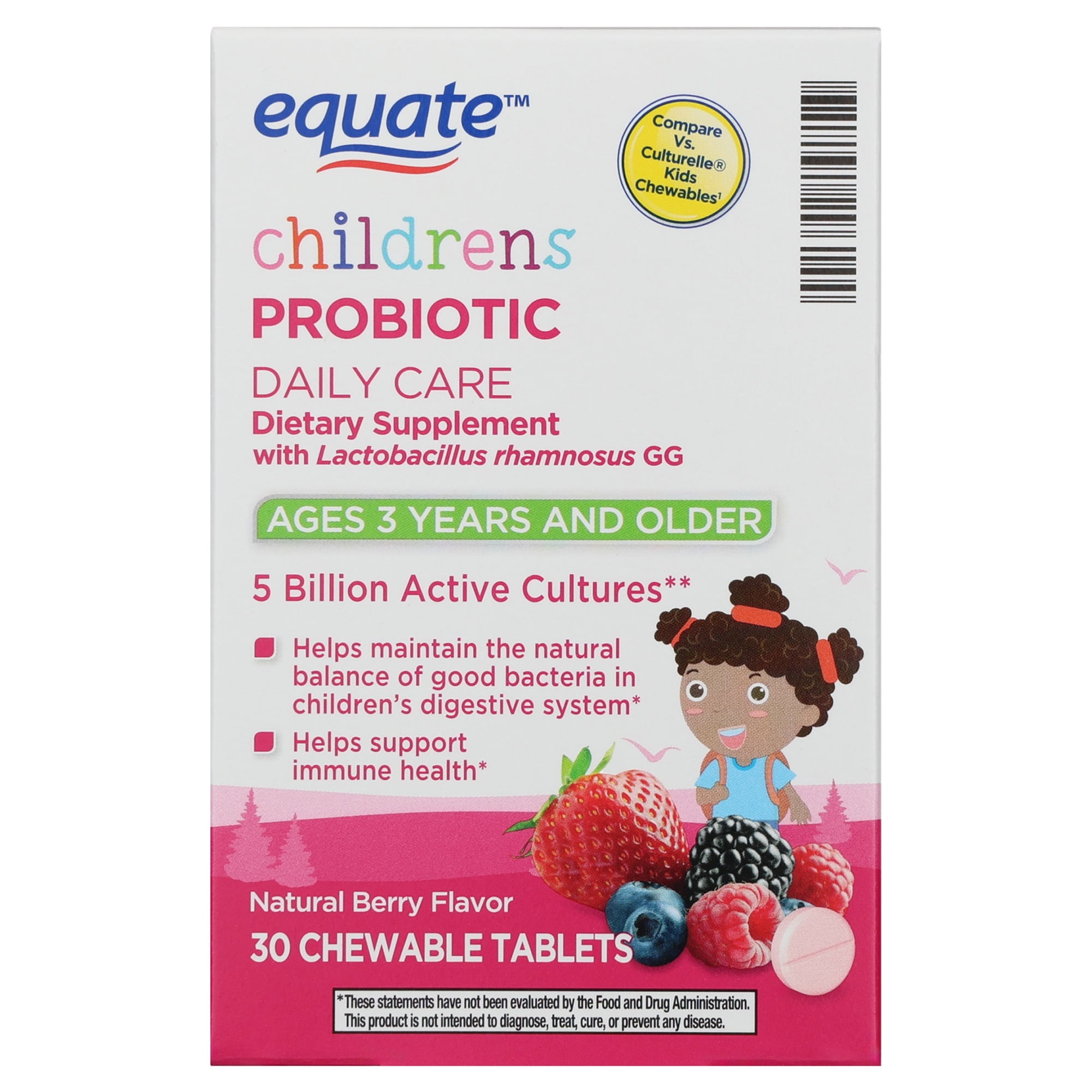 Equate Children's Probiotic Daily Care Dietary Supplement Chewable Tablets, 5 Billion Active Cultures, Natural Berry Flavor, Ages 3 Years and Older, 30 Count, Compare vs CulturelleÂ® Kids Chewables