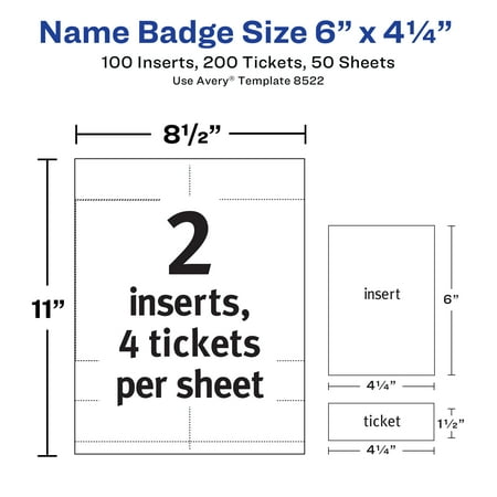 Size 6x 4.25 Avery Name Badge and Ticket Inserts, 6 x 4.25, 100 Inserts (8522)