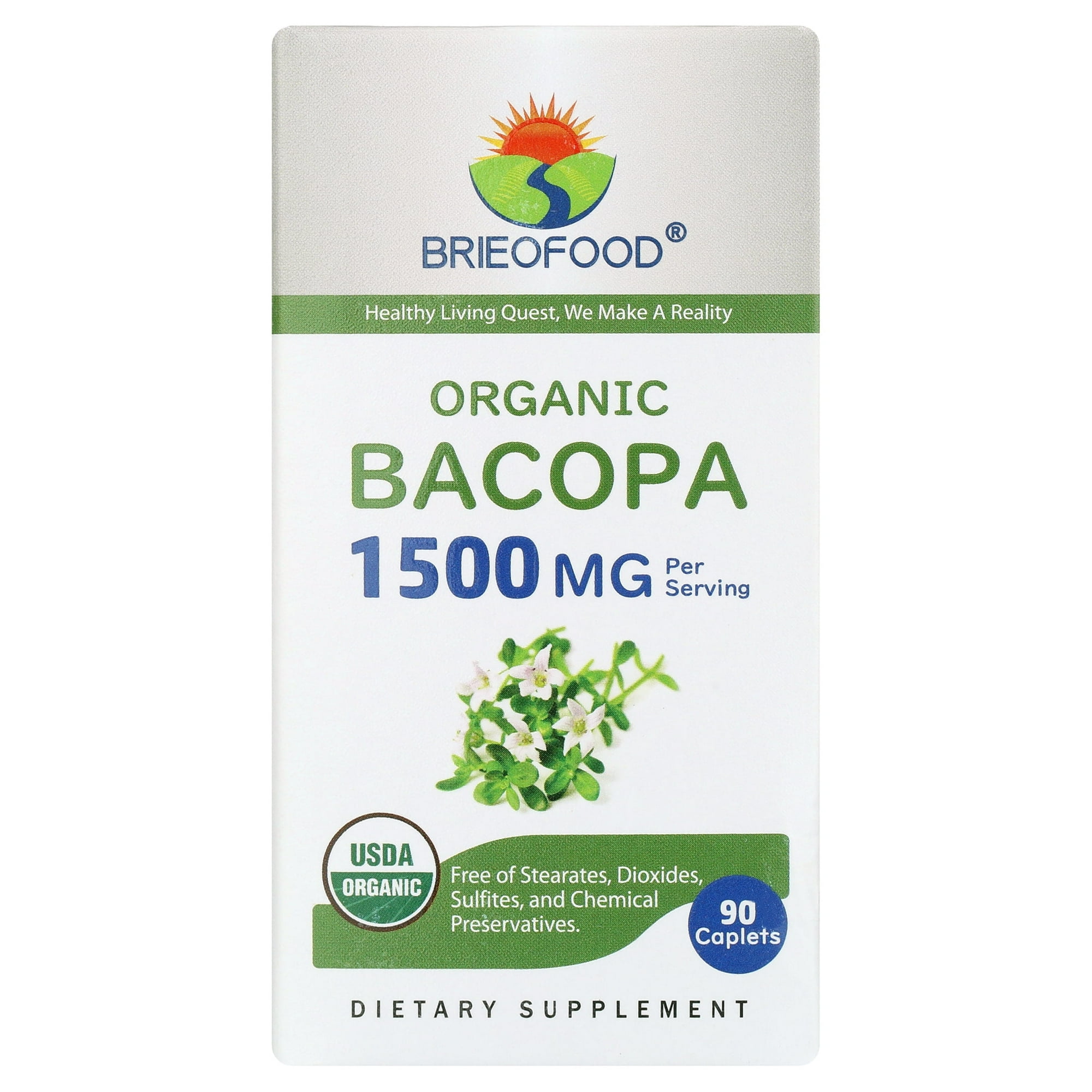 Brieofood Organic Bacopa 1500mg, 45 Servings, Vegetarian, Gluten Free, 90 Vegetarian Tablets