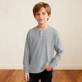 thumbnail image 2 of Posijego Boys Long Sleeve Shirts Casual Crew Neck Solid Color Button T-Shirts Loose Spring Pullover Tee Tops 4-14 Years, 2 of 6