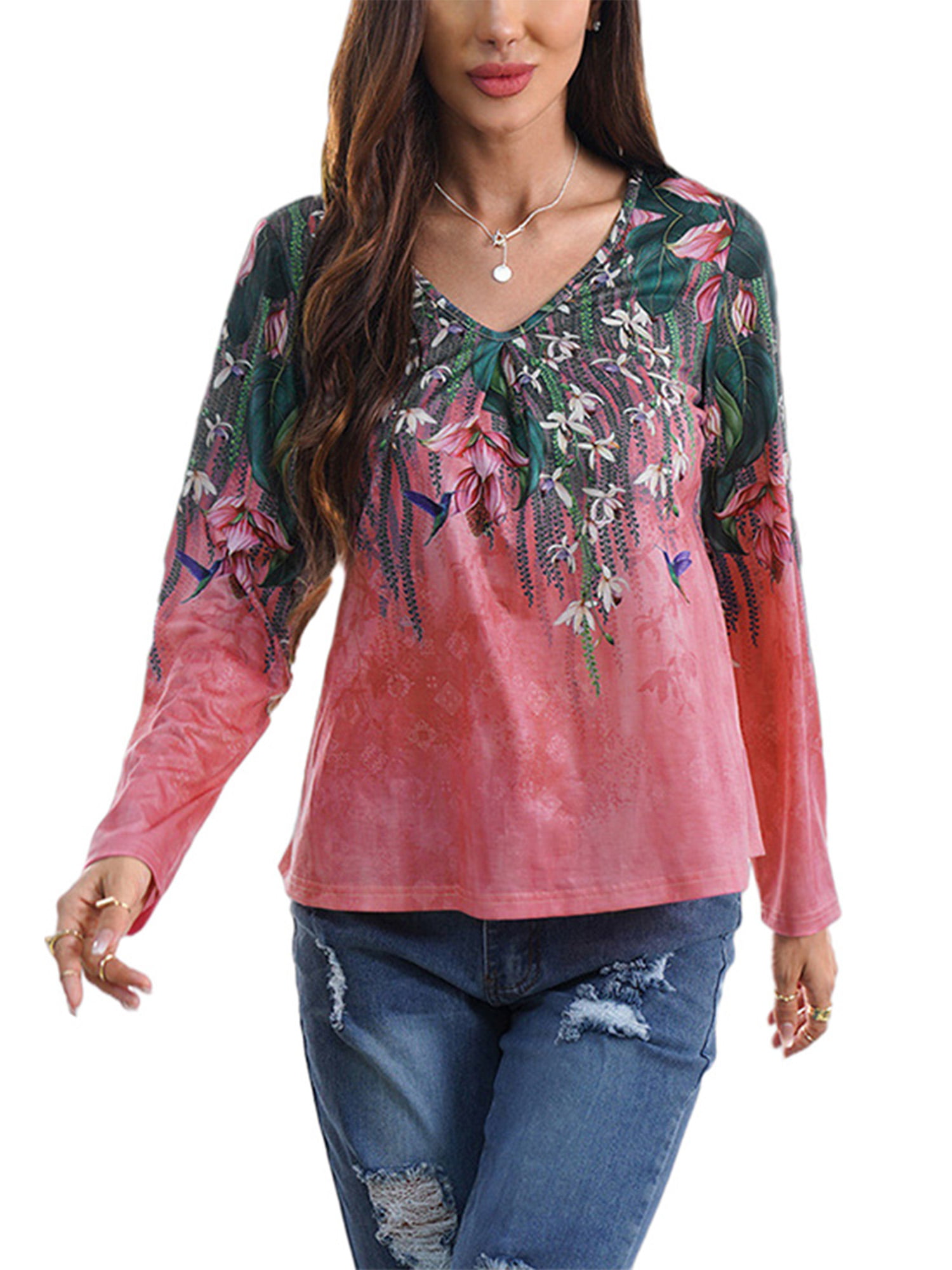 Womens Long Sleeve Floral T Shirts Fall Top Loose Fit Casual Tunic Blouse 