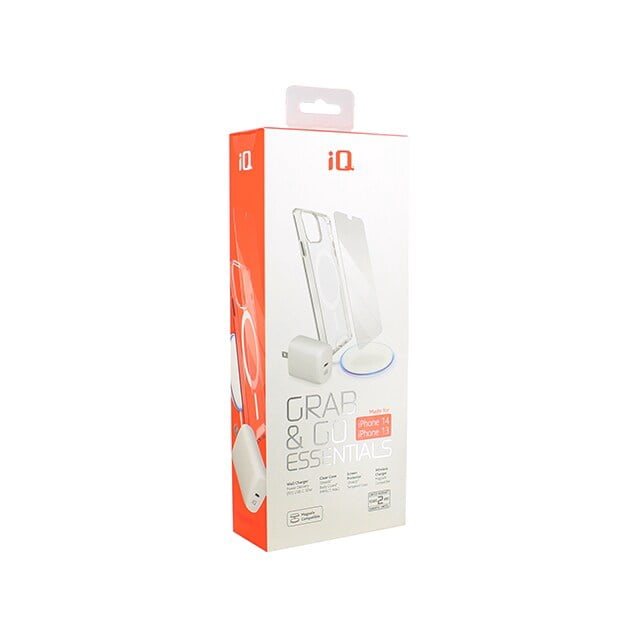 iQ Grab & Go Essential Kit for iPhone 14 Pro | Premium Accessory Bundle with iSHIELDZ Screen Protector, Clear Slim Case, MagSafe-Compatible Wireless Charging Pad, and 30W PD Wall Charger