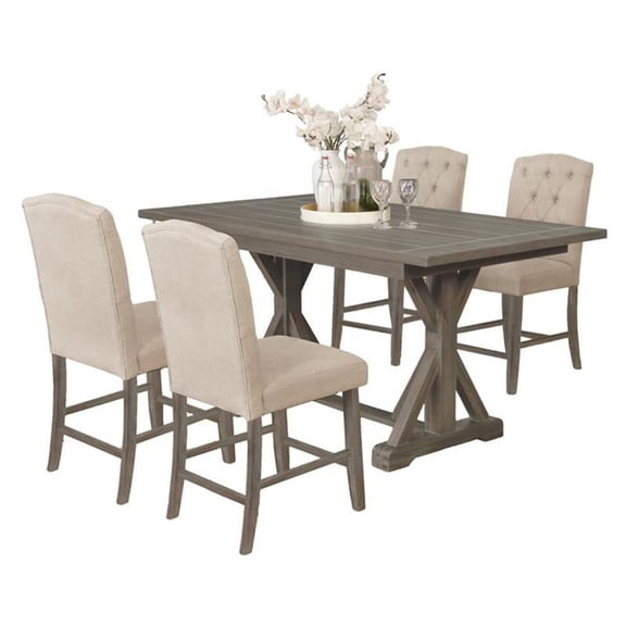 5pc Rustic Wood Counterheight Dining Set with Table and Beige Linen Chairs