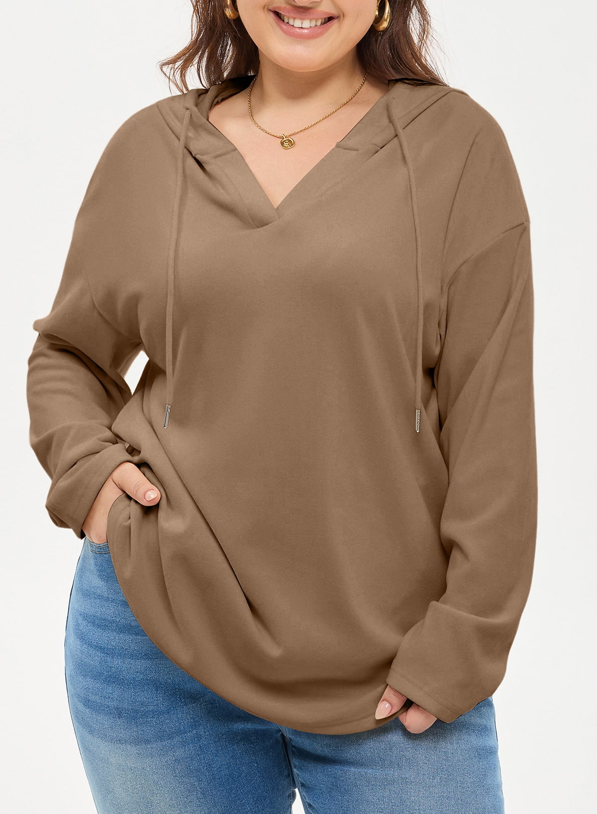 SHEWIN Sweatshirt for Women Plus Size Hooded Sweatshirts Fleece Sweatshirt V Neck Drawstring Long Sleeve Hoodie Pullover Tops for Fall 2025 Brown 2X