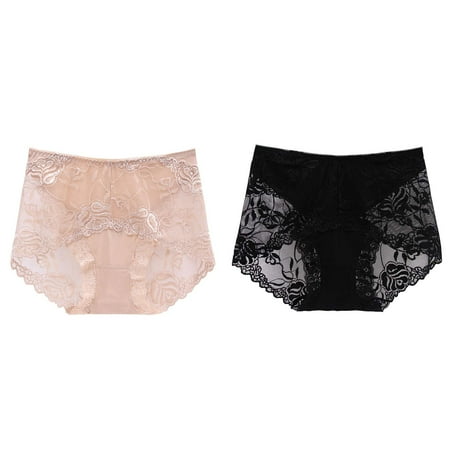 Lojoutye 2 Pack(Black 1PCS & Beige 1PCS) Multipack Bikini Small Underwear Womens Mid High Waist Lace Panties Transparent Seamless Large Size Lift Briefs