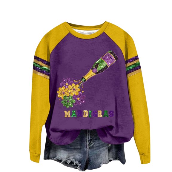 Craaazy Womens Casual Carnival Holiday Long Sleeve Crewneck Mardi Gras Tops Gifts