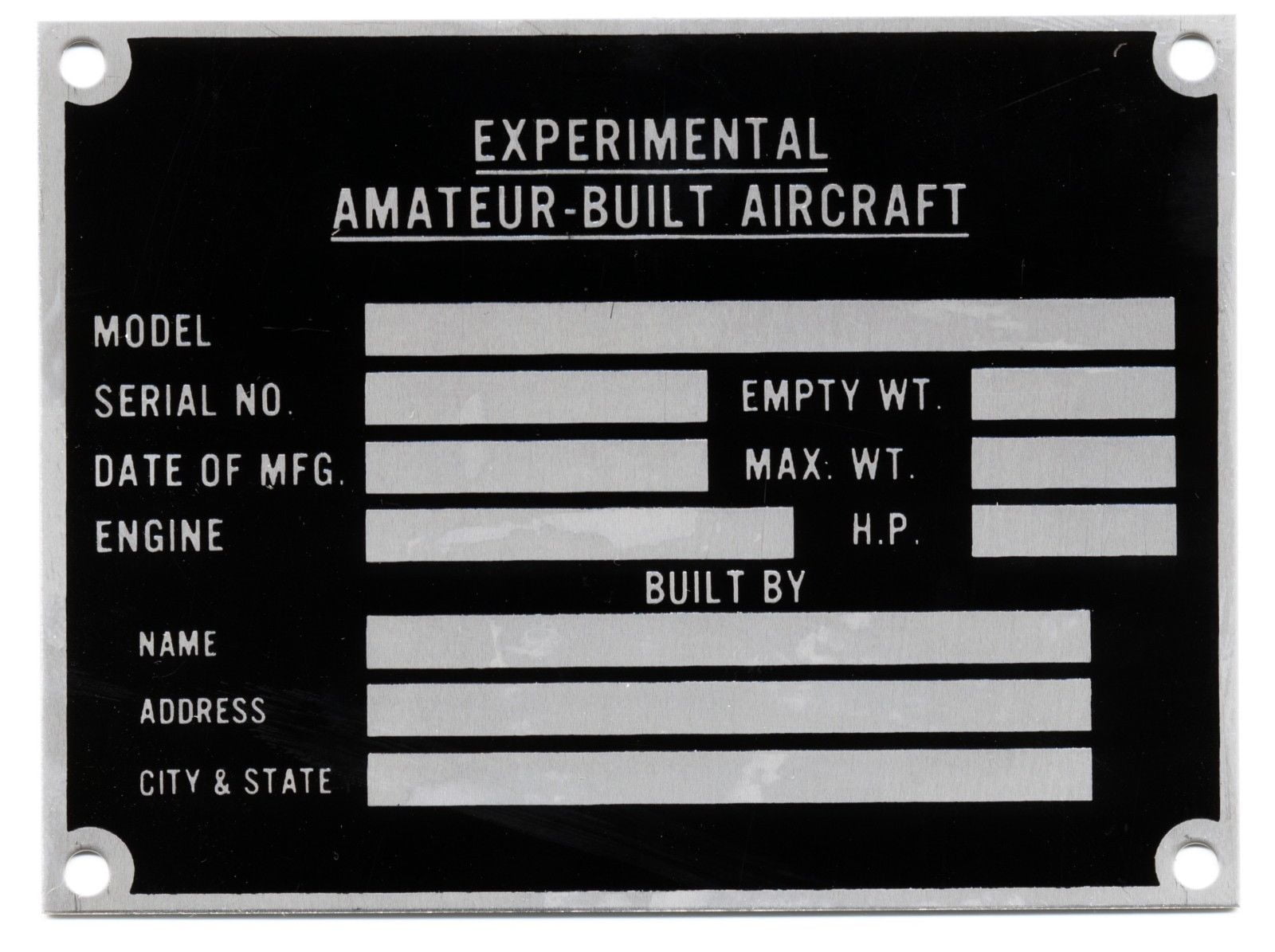 Amateur-Built/Experimental Aircraft Data Plate, Sport Aviation DPL-0116