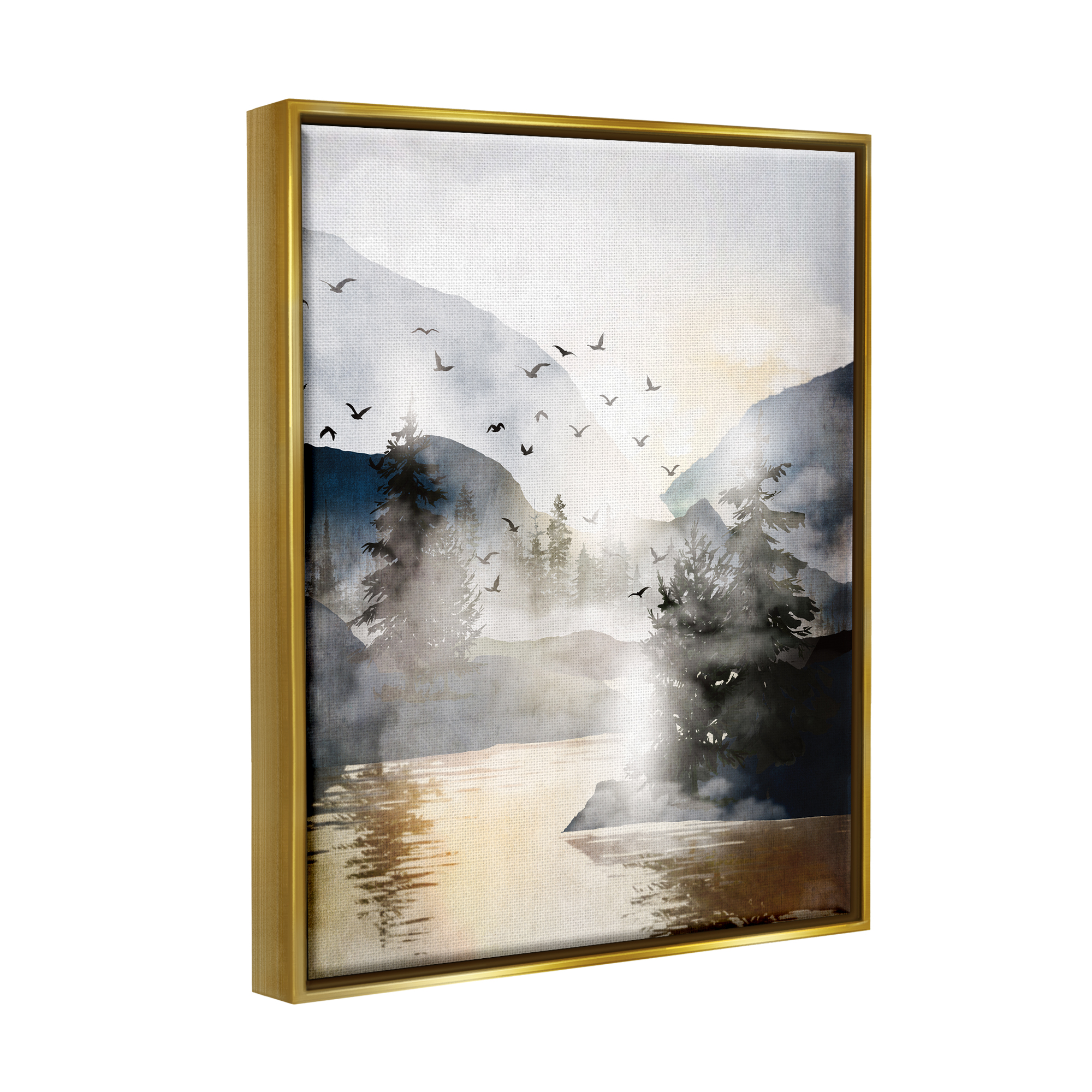 Stupell Flying Birds Mountain Lake View Landscape Painting Gold Floater Framed Art Print Wall Art