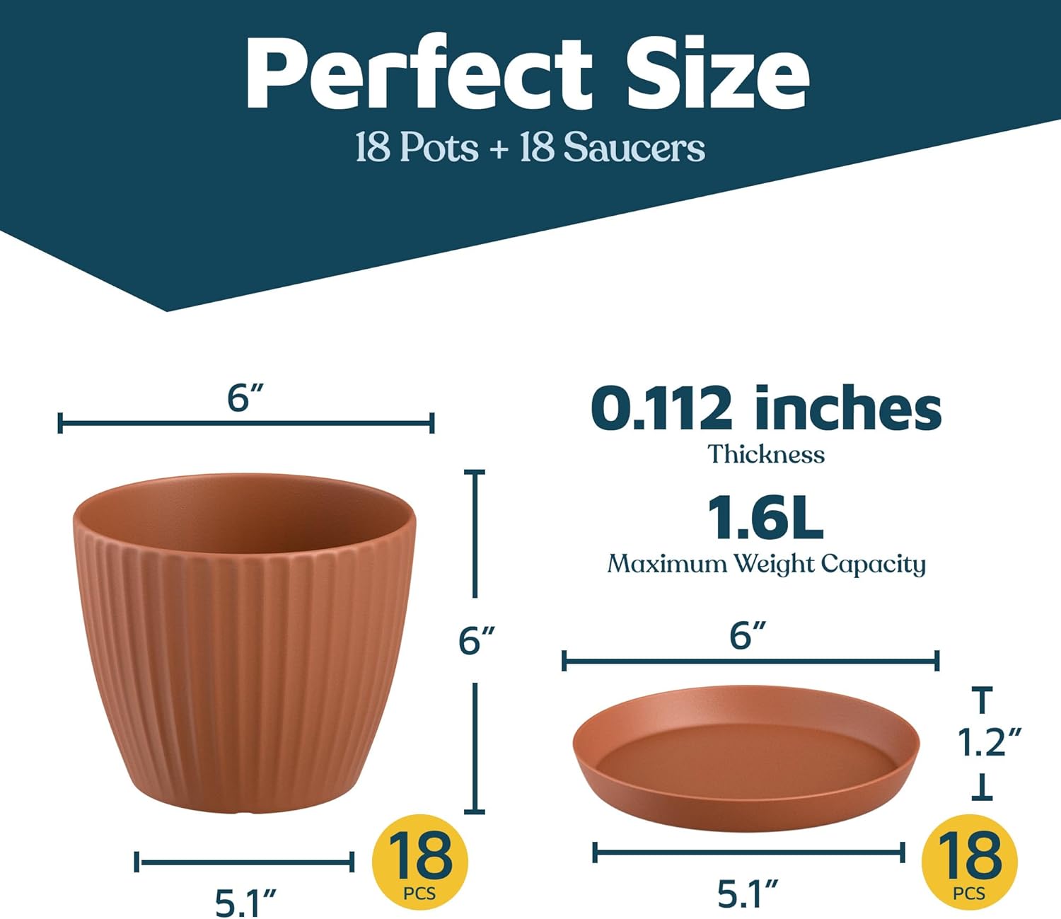 Terracotta 6-Inch Plant Pots with Drainage & Saucers 18 Pack, Indoor & Outdoor Planters for Houseplants, Herbs, and Flowers, Durable & Weatherproof Material, Stackable, Lightweight, Minimalist Design