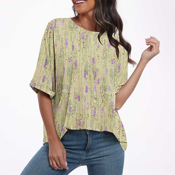 FcBaudy Womens Tops, Shirts for Women, Short Sleeve Round-Neck Blouses & Shirts Women's Ladies Fashion Casual Cropped Short Sleeve Printing Loose Shirt Blouse Top Women Blouse