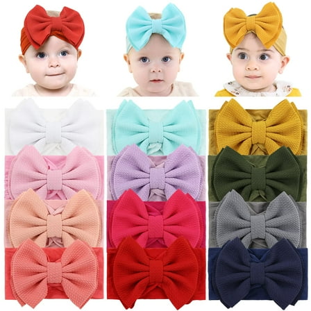 12 Pack Super Stretchy Nylon Headbands with Big Bow Hair Accessories Wide Headwraps for Baby Girls Infants Toddlers Kids