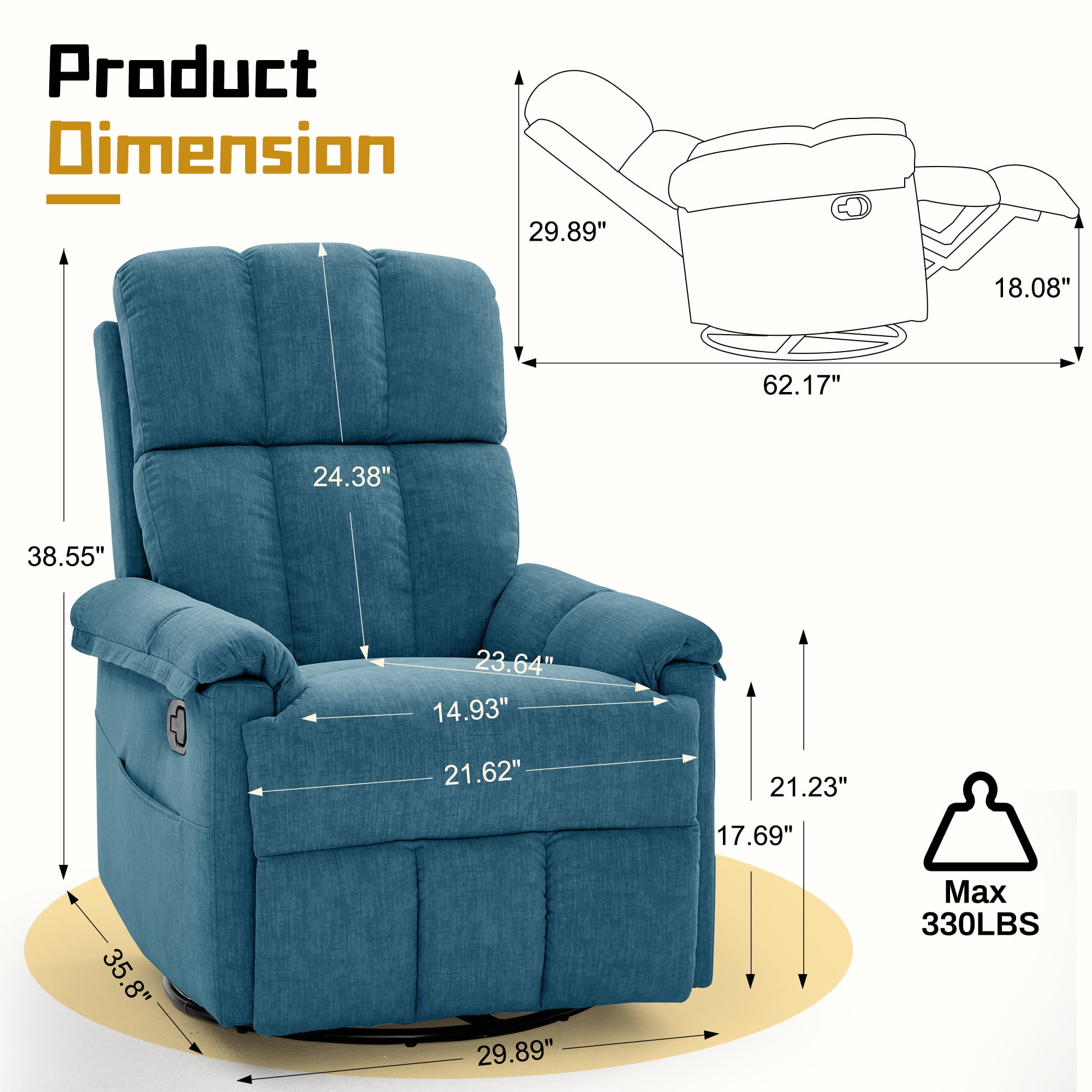 Korser 360°Swivel Recliner Chair for Adults with Side Pockets,Small Rocking Recliner for Small Spaces for Living Room,Nursery,Blue