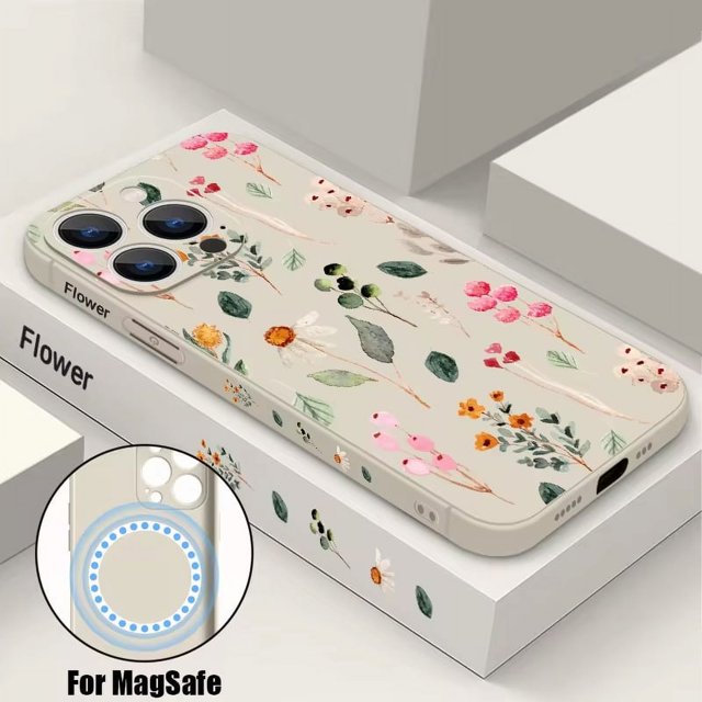 Colourful Flower Pattern Phone Case For iPhone 16 15 14 13 12 Pro Max 11 Magnetic For Magsafe Wireless Charge TPU Silicone Cover WHITE For iPhone 14 ProMax