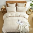 Boho Queen Size Microfiber Beige Duvet Cover Set, Striped Textured