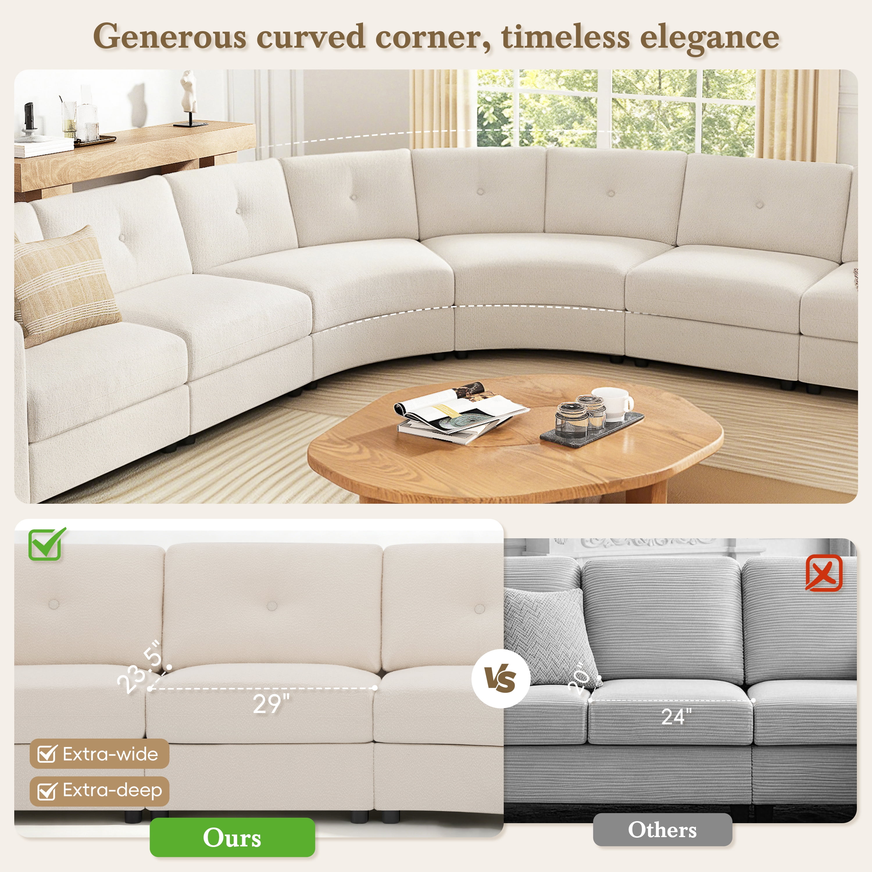 GARITIN 6 Piece Modular Curved Sectional Sofa 136.5 Inch, Upholstered Boucle Couch with Button Tufted Back for Living Room, Beige