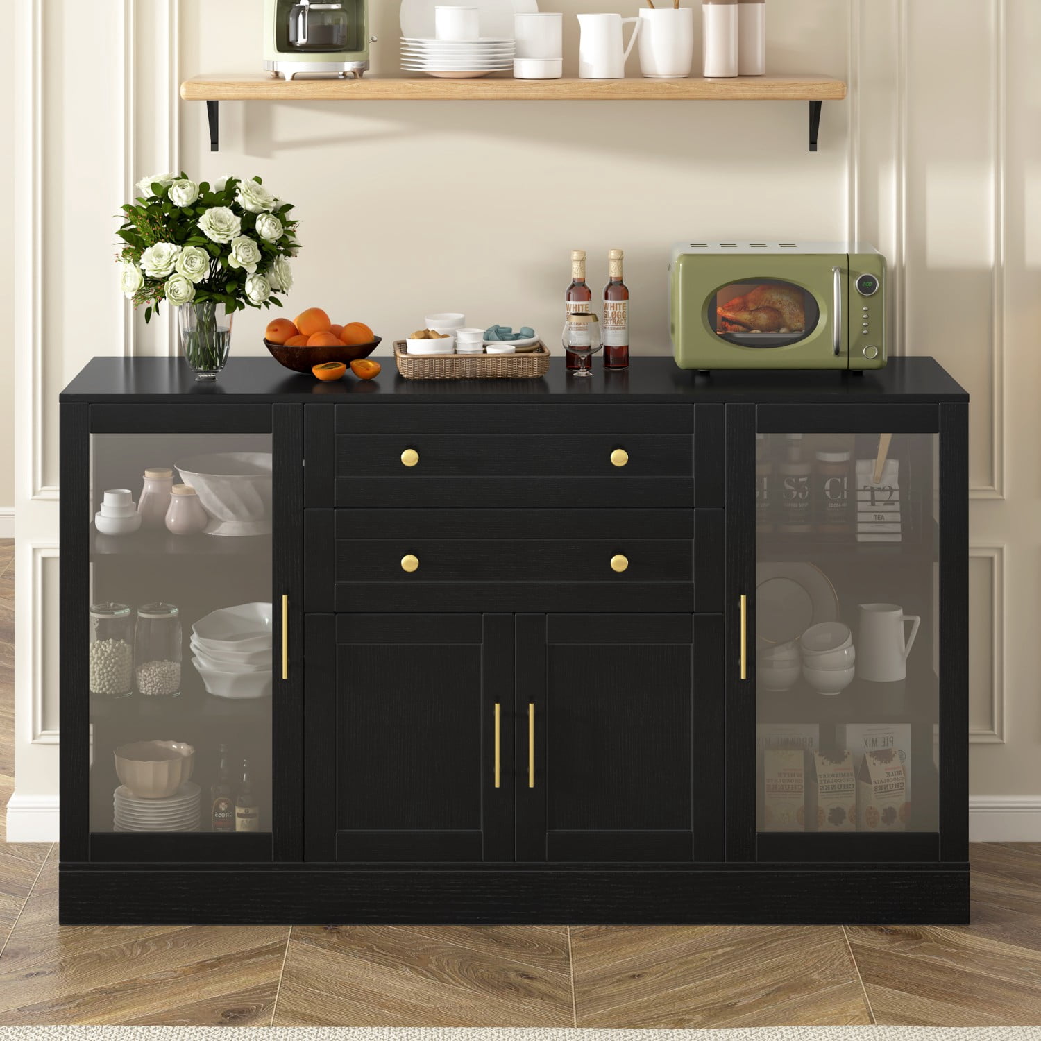 58.3" Modern Buffet Sideboard Cabinet with 4 Doors 2 Drawers, Adjustable Shelves, Power Outlet, Acrylic Panels Storage for Kitchen Dining Living Room, Black