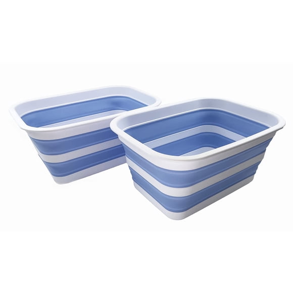 SAMMART 12L (3.17Gallon) Collapsible Tub - Portable Outdoor Picnic Tray - Portable Washing Basin - Space Saving Plastic Washtub (White/Baby Blue (Set of 2))